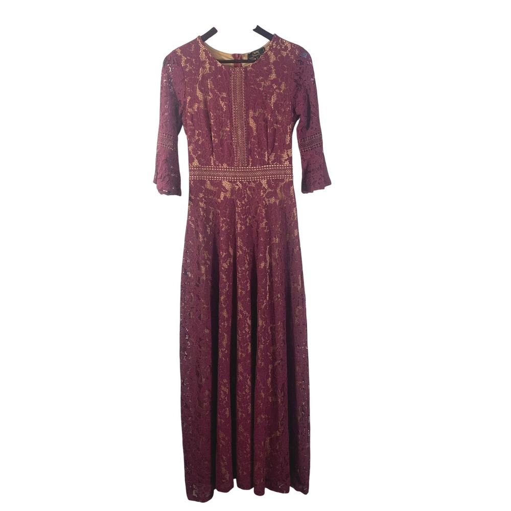 Women's Burgundy Lace Maxi Dress with 3/4 Sleeves
